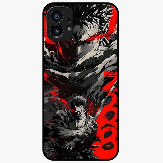 Demon Sword Resolve Glass Case showing flat back view with fierce sword warrior artwork and glossy glass finish.