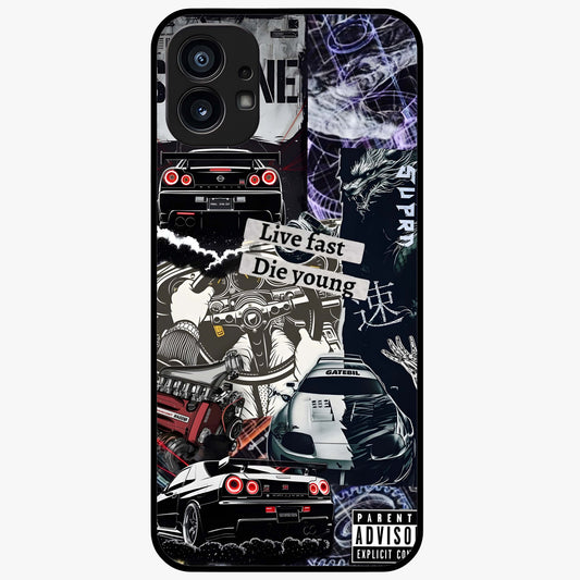 Die Young Glass Case showing flat back view with bold artistic typography design and glossy glass finish.