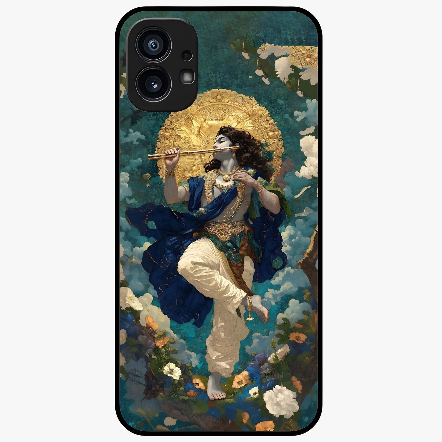 Divine Krishna Art Glass Case showing flat back view with Lord Krishna artwork and glossy glass finish.