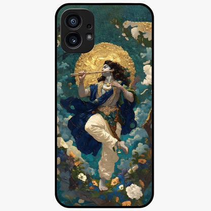 Divine Krishna Art Glass Case showing flat back view with Lord Krishna artwork and glossy glass finish.