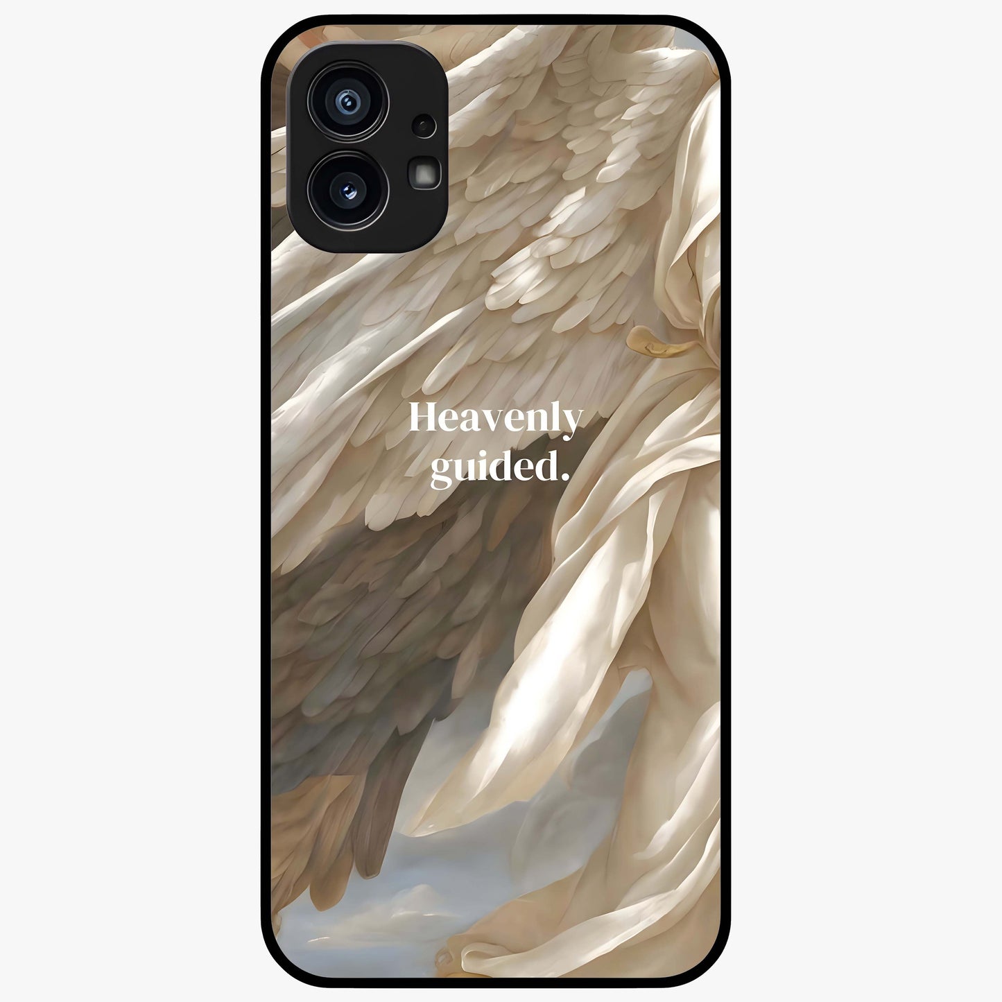 Divine Winged Grace Glass Case showing flat back view with elegant wing inspired artwork and glossy glass finish.