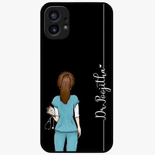 Doctor Pattern Custom Name Glass Case showing flat back view with medical themed pattern and personalized name design.
