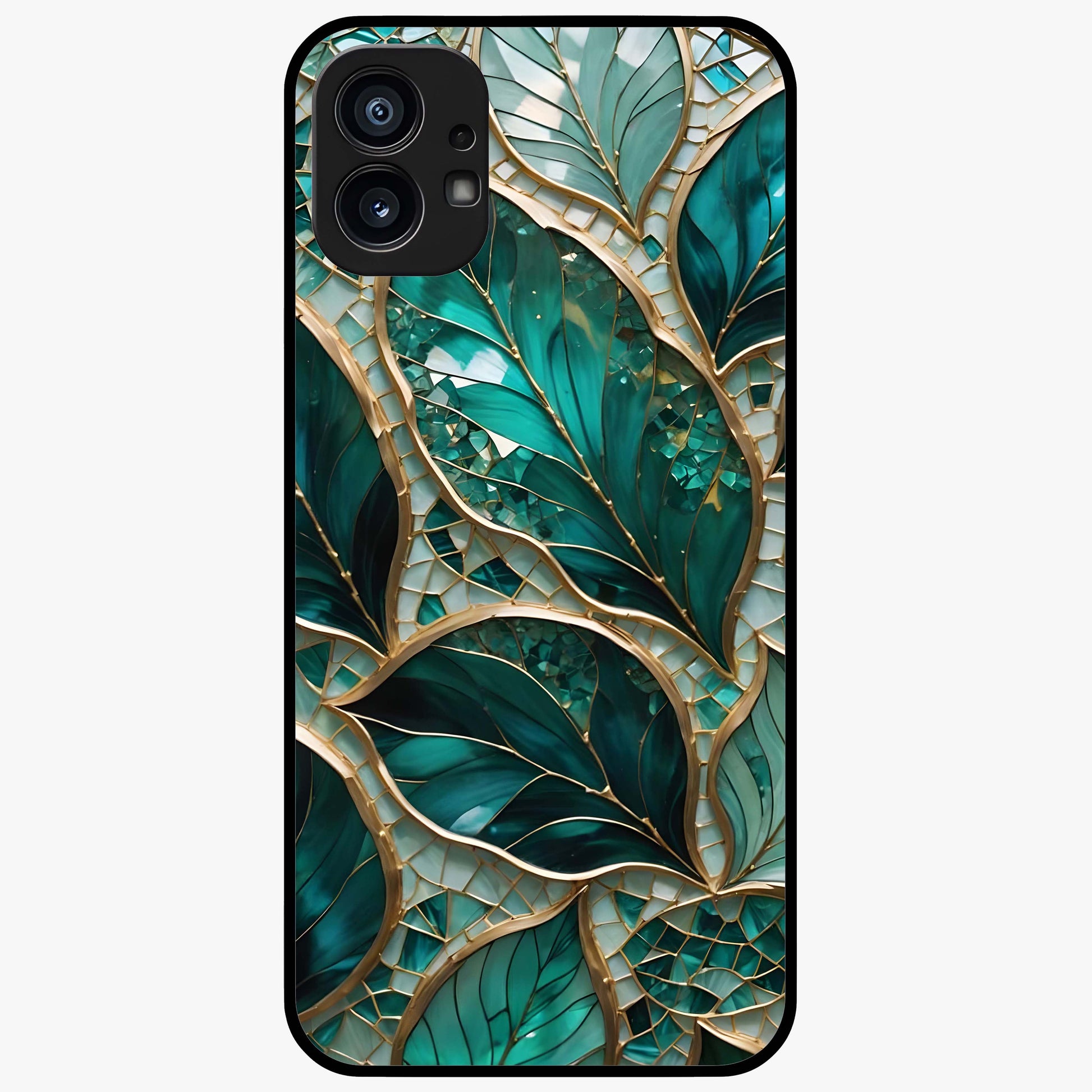 Emerald Leaf Glass Glass Case showing flat back view with emerald green leaf artwork and glossy glass finish.