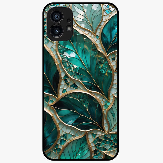 Emerald Leaf Glass Glass Case showing flat back view with emerald green leaf artwork and glossy glass finish.