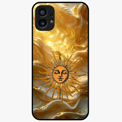 Eternal Golden Glow Glass Case showing flat back view with radiant golden themed artwork and glossy glass finish.