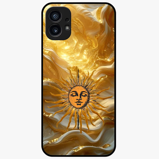 Eternal Golden Glow Glass Case showing flat back view with radiant golden themed artwork and glossy glass finish.