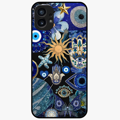 Evil Eye Charm Mix Glass Case showing flat back view with multiple evil eye charms artwork and glossy glass finish.