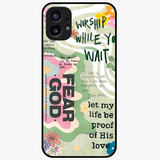 Faith Over Fear Glass Case showing flat back view with motivational typography artwork and glossy glass finish.