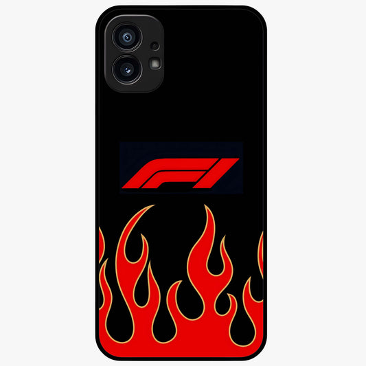 Fire F11 Glass Case showing flat back view with fiery themed artwork and glossy glass finish.