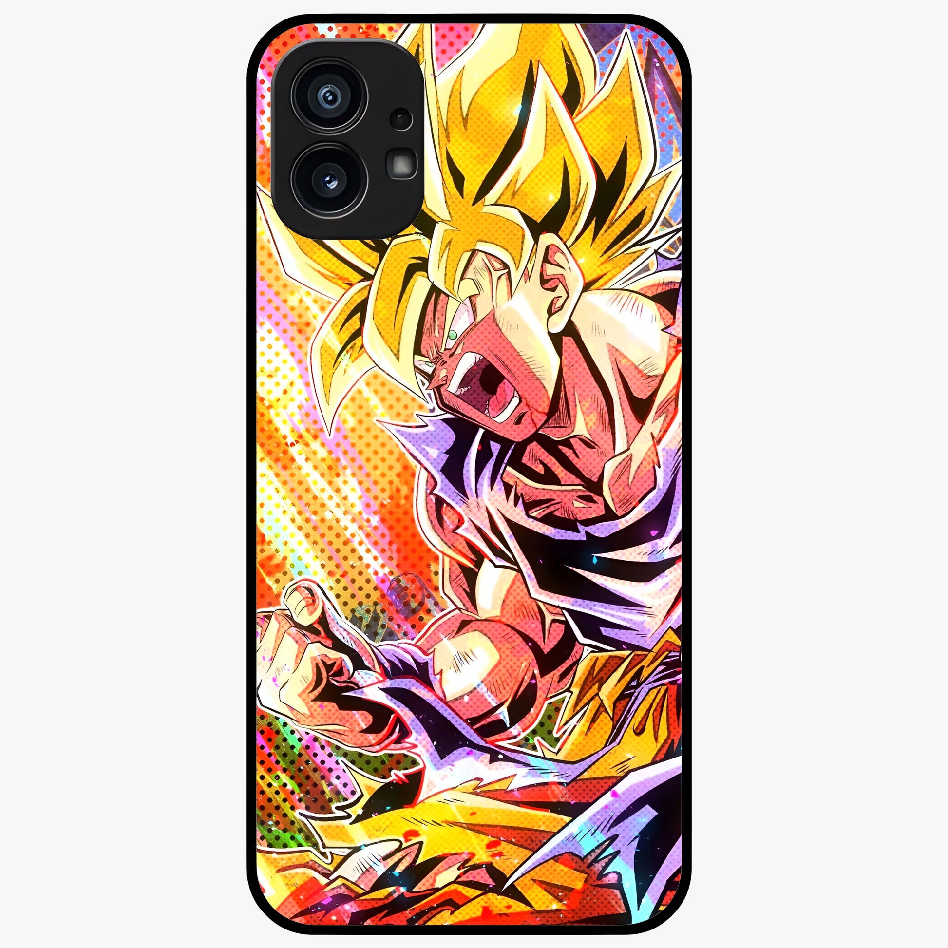 Firing Goku Glass Case showing flat back view with powerful anime inspired artwork and glossy glass finish.