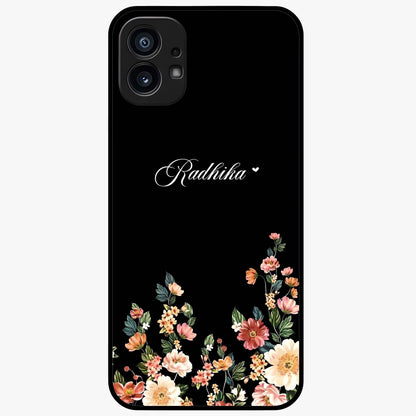 Floral Design With a Custom Personalized Name Glass Case showing flat back view with floral artwork and personalized name design.