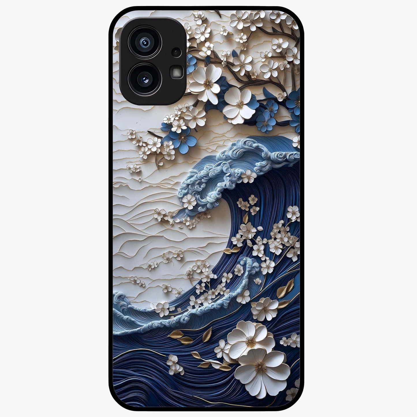 Floral Wave Origami Glass Case showing flat back view with origami inspired floral wave artwork and glossy glass finish.