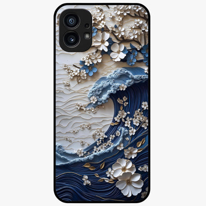 Floral Wave Origami Glass Case showing flat back view with origami inspired floral wave artwork and glossy glass finish.