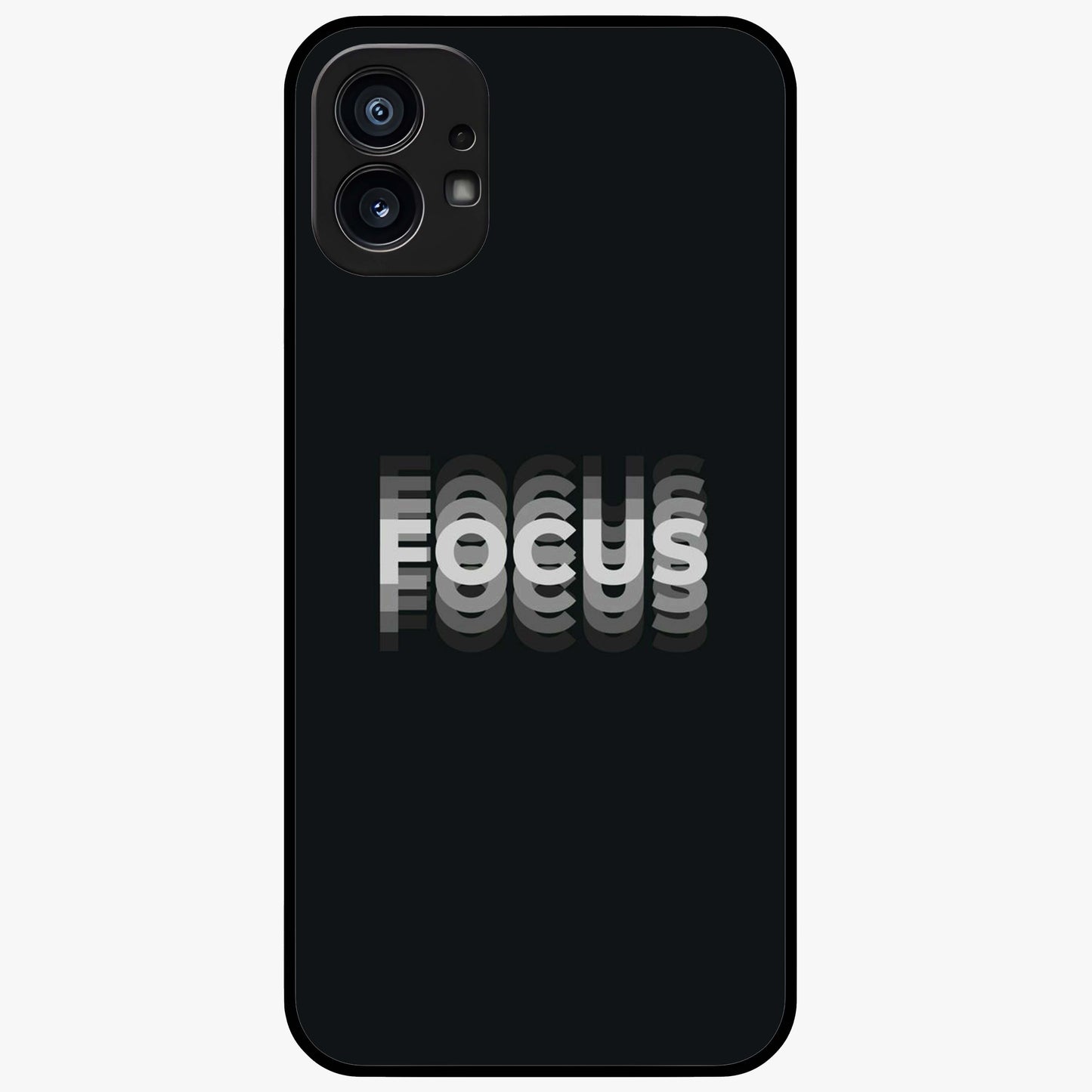 Focus Mode On Glass Case showing flat back view with bold motivational typography design and glossy glass finish.