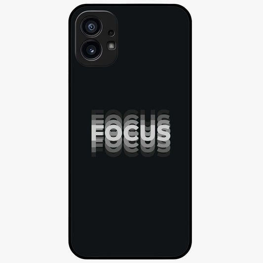 Focus Mode On Glass Case showing flat back view with bold motivational typography design and glossy glass finish.