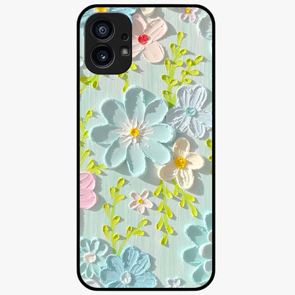 Frosted Petal Garden Glass Case showing flat back view with soft frosted floral artwork and glossy glass finish.
