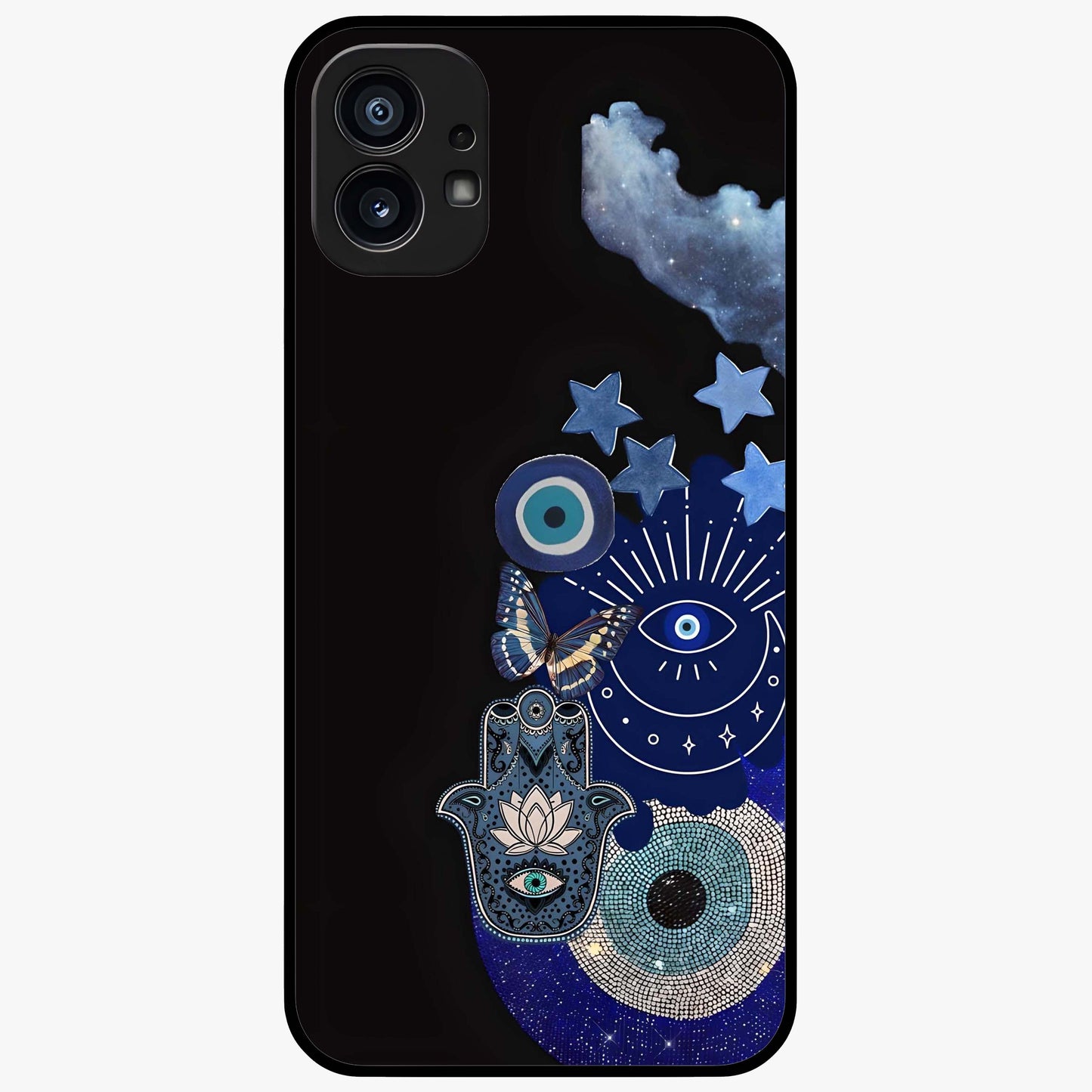 Galactic Charm Cluster Glass Case showing flat back view with glowing celestial charm artwork and glossy glass finish.