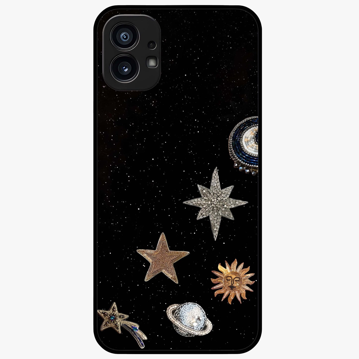 Galactic Charm Glow Glass Case showing flat back view with glowing celestial charm artwork and glossy glass finish.