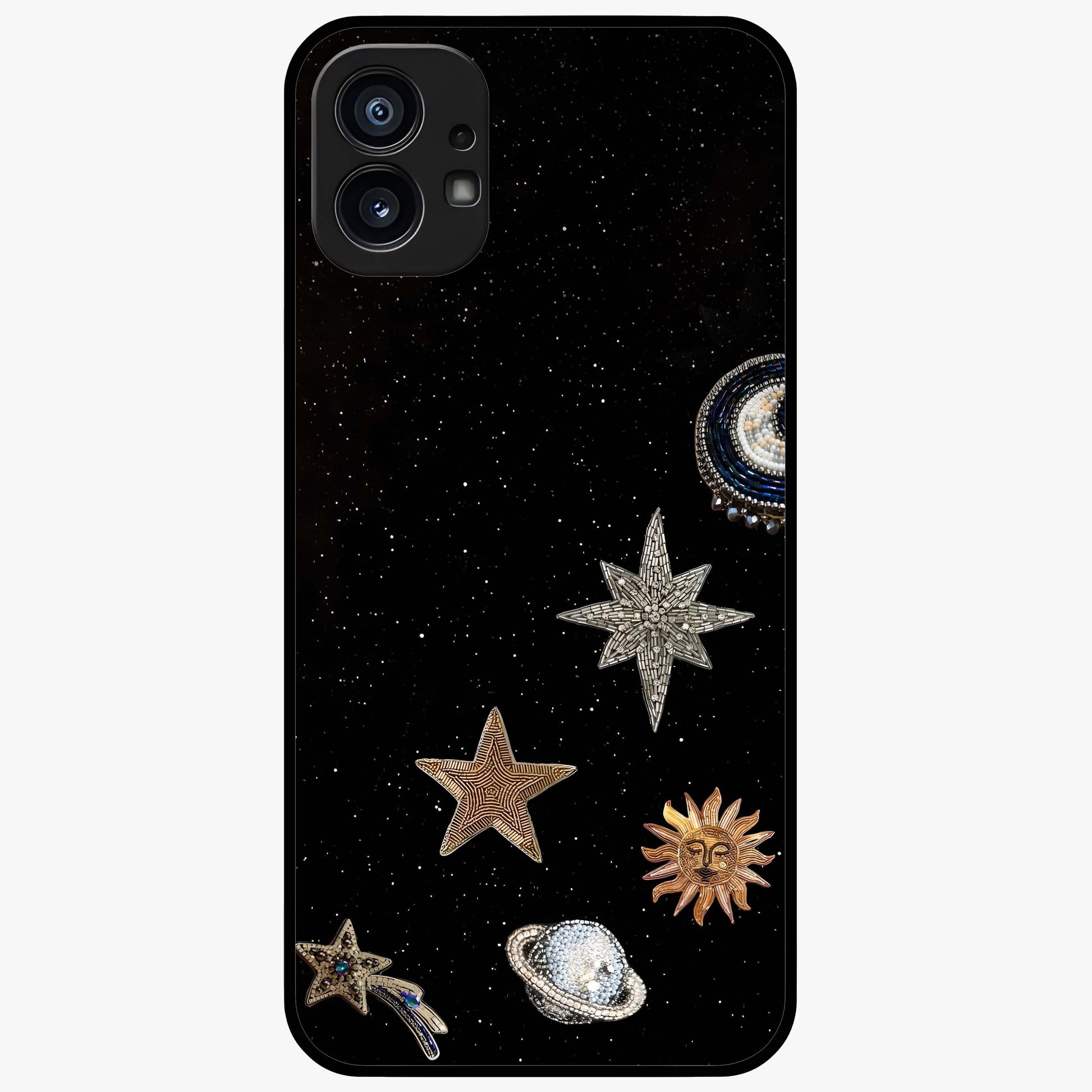 Galactic Charm Glow Glass Case showing flat back view with glowing celestial charm artwork and glossy glass finish.