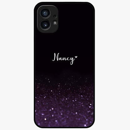 Glittery Purple Bokeh Custom Name Glass Case showing flat back view with purple bokeh sparkle artwork and personalized name design.