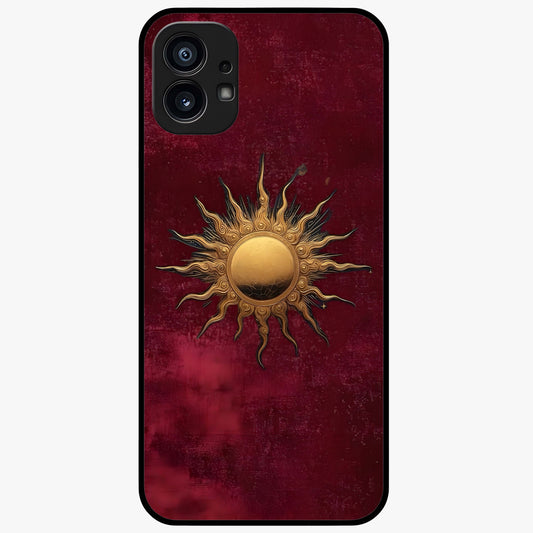 Gold Sun Blush Glass Case showing flat back view with golden sun inspired artwork and glossy glass finish.