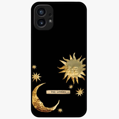 Golden Celestial Charm Glass Case showing flat back view with golden celestial charm artwork and glossy glass finish.