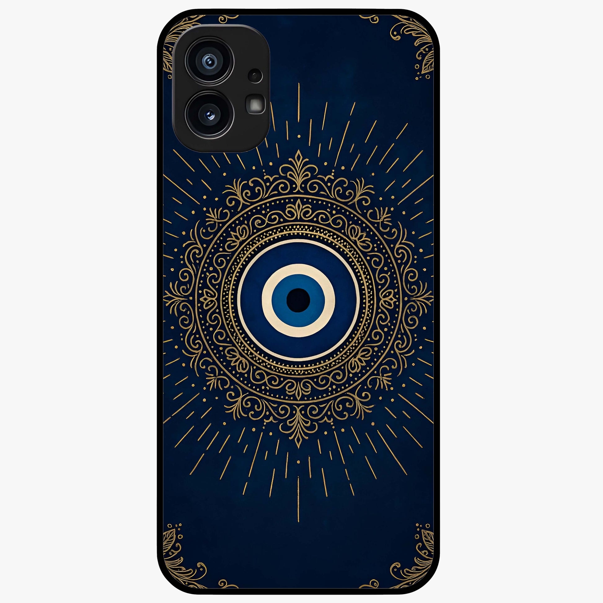 Golden Evil Eye Mandala Glass Case showing flat back view with intricate evil eye mandala artwork and glossy glass finish.