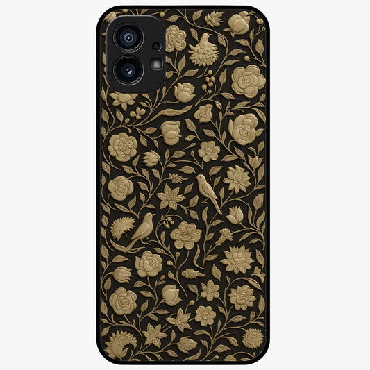 Golden Floral Majesty Glass Case showing flat back view with luxurious golden floral artwork and glossy glass finish.