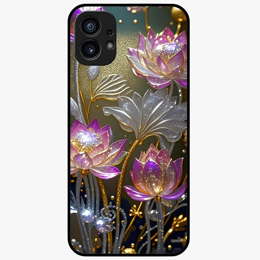 Golden Lotus Glow Glass Case showing flat back view with glowing lotus flower artwork and glossy glass finish.