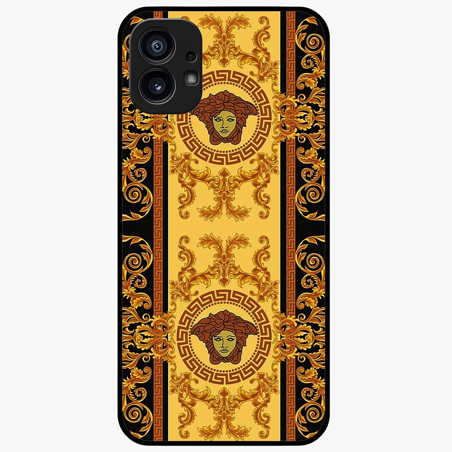 Golden Royal Heritage Glass Case showing flat back view with ornate royal pattern artwork and glossy glass finish.