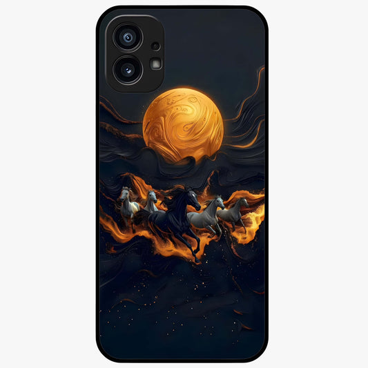 Golden Stallion Moonride Glass Case showing flat back view with majestic horse under moonlight artwork and glossy glass finish.