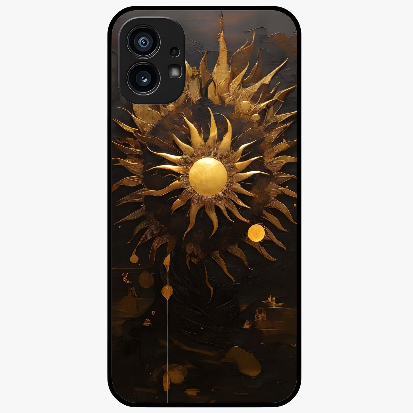 Golden Sun Majesty Glass Case showing flat back view with radiant golden sun artwork and glossy glass finish.