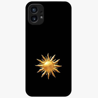 Golden Sun Minimalism Glass Case showing flat back view with minimal golden sun artwork and glossy glass finish.