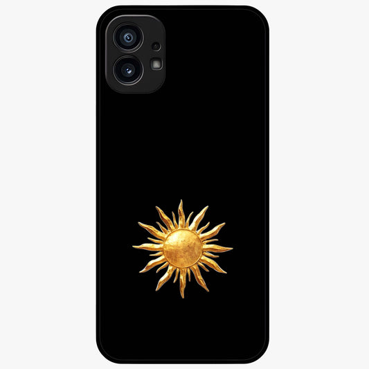 Golden Sun Minimalism Glass Case showing flat back view with minimal golden sun artwork and glossy glass finish.