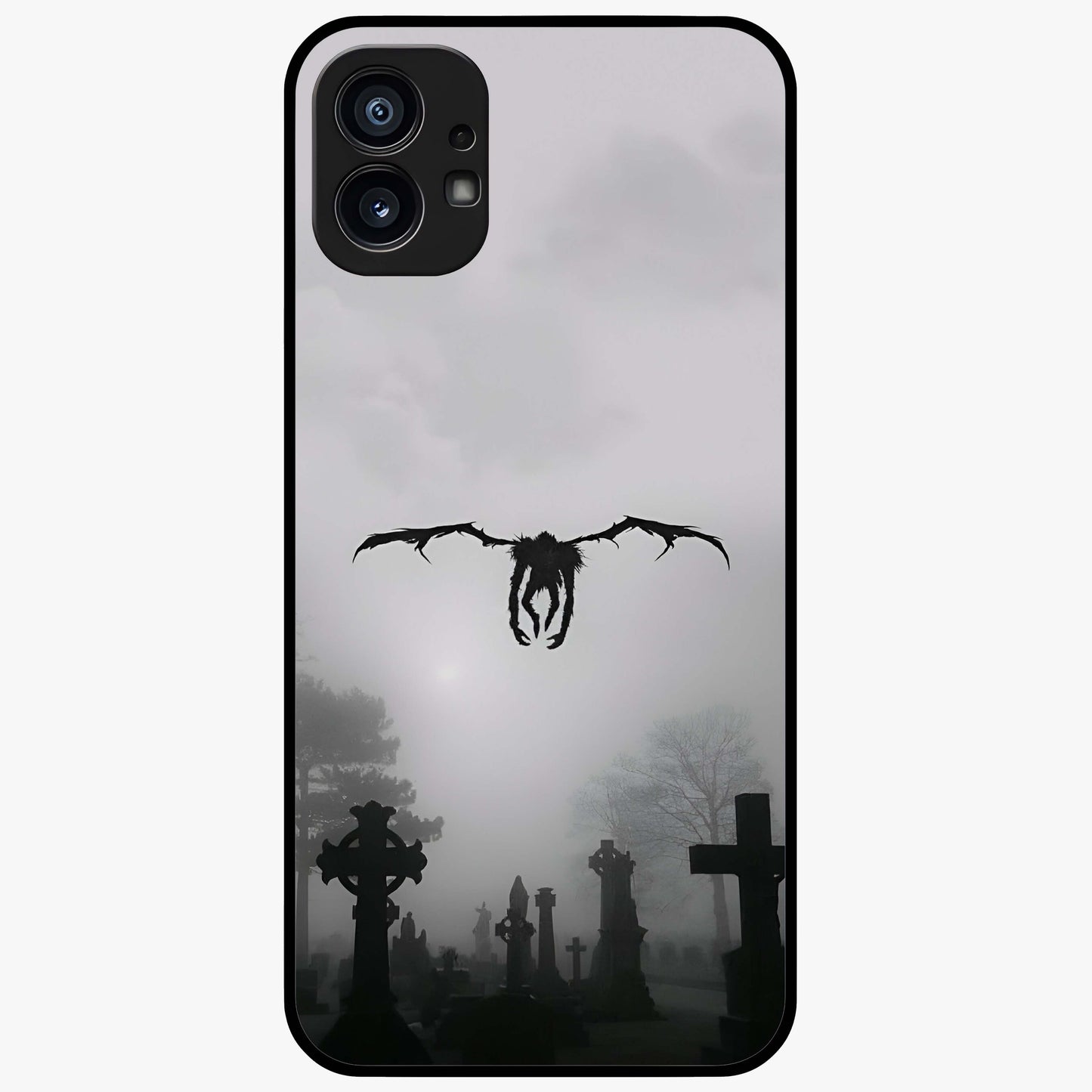 Graveyard Shadow Descent Glass Case showing flat back view with dark graveyard themed artwork and glossy glass finish.