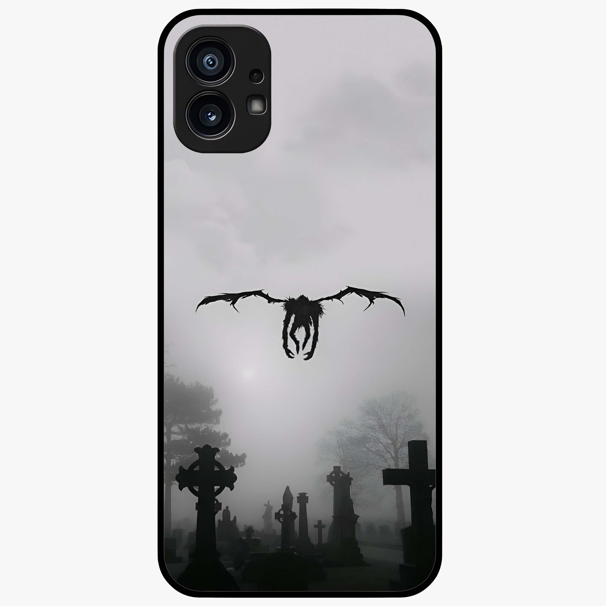 Graveyard Shadow Descent Glass Case showing flat back view with dark graveyard themed artwork and glossy glass finish.