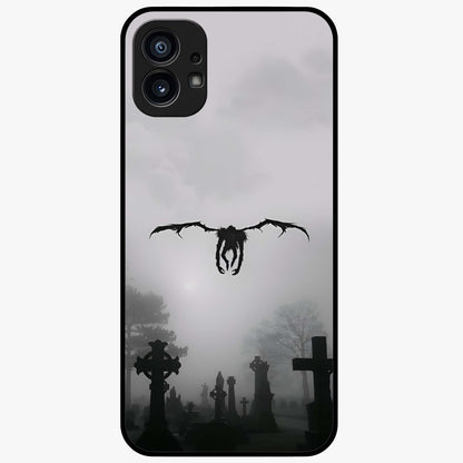Graveyard Shadow Descent Glass Case showing flat back view with dark graveyard themed artwork and glossy glass finish.