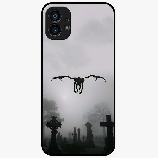 Graveyard Shadow Descent Glass Case showing flat back view with dark graveyard themed artwork and glossy glass finish.