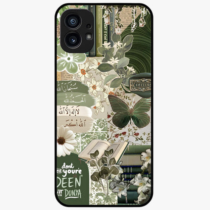 Green Islamic Books Quotes Glass Case showing flat back view with Islamic quotes and book themed artwork and glossy glass finish.
