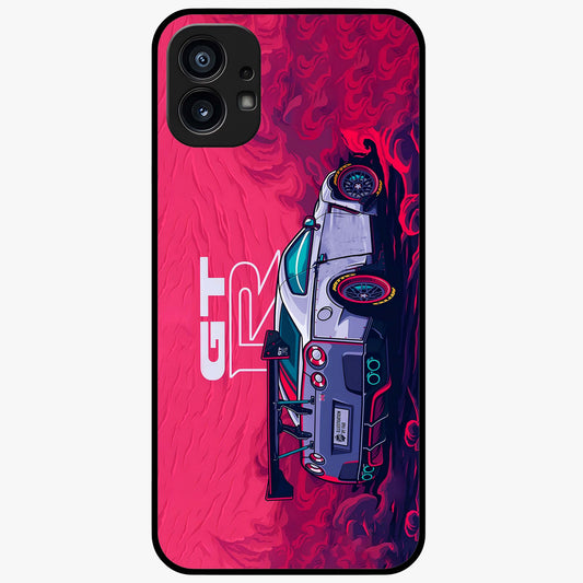 GT-R Car Pattern Glass Case showing flat back view with sporty car inspired pattern artwork and glossy glass finish.