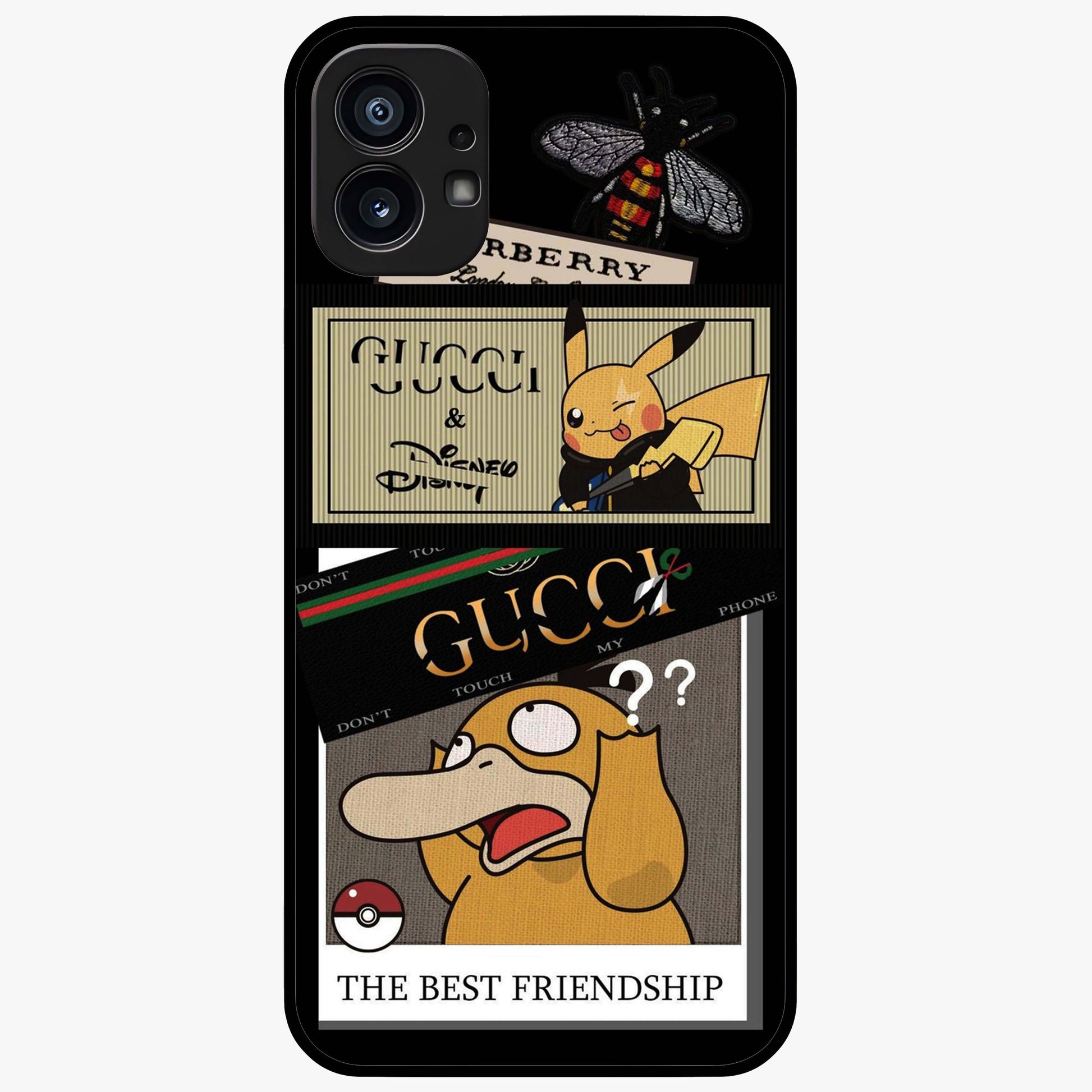Gucci Play Mashup Glass Case showing flat back view with luxury inspired graphic artwork and glossy glass finish.