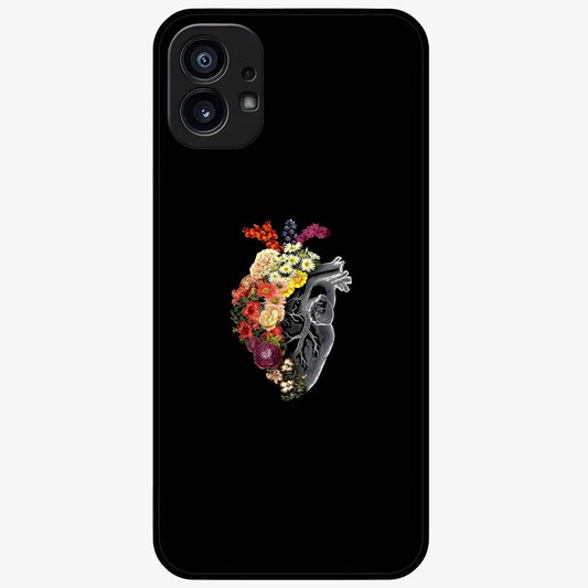 Heart With Flowers Glass Case showing flat back view with heart shaped floral artwork and glossy glass finish.