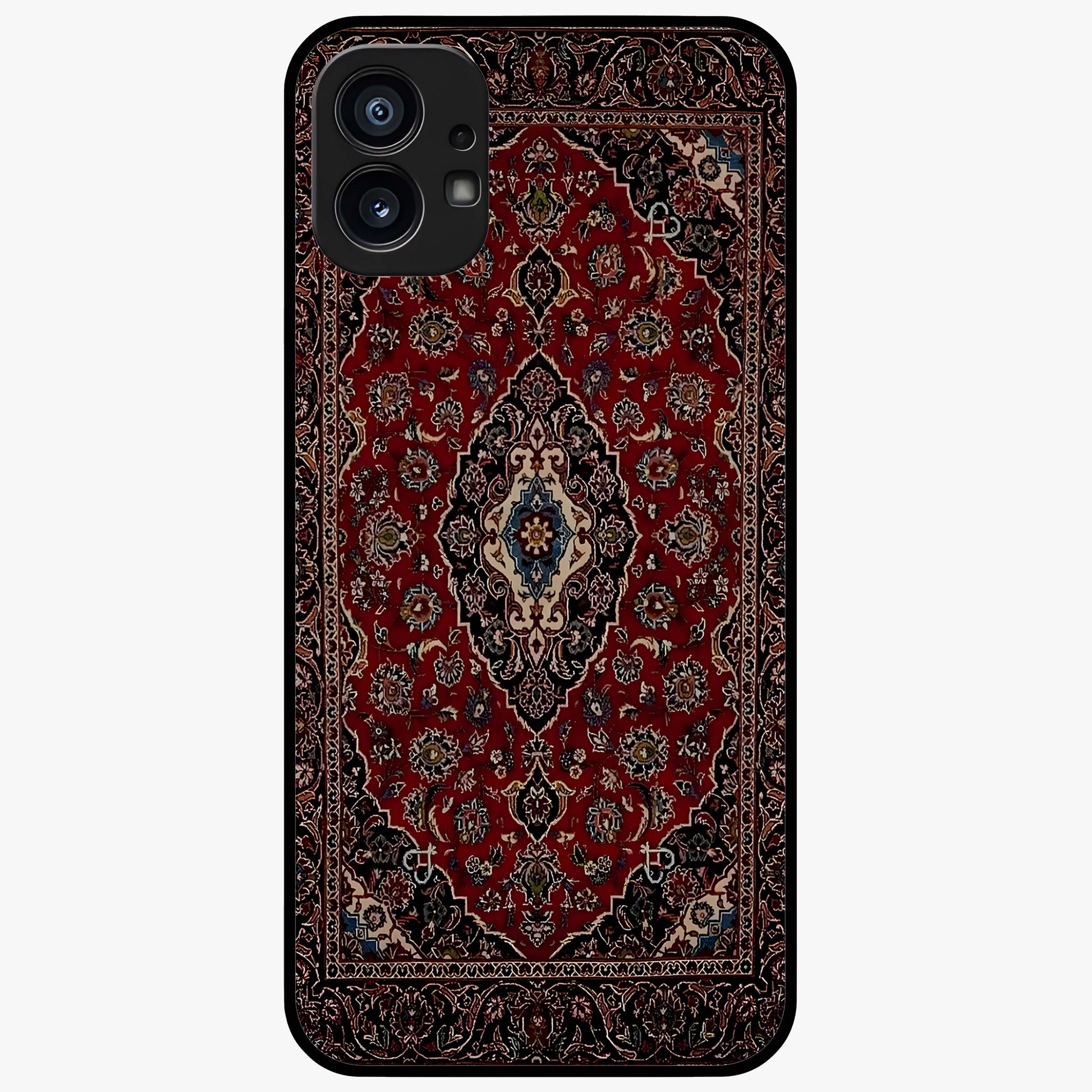 Heritage Carpet Royale Glass Case showing flat back view with ornate Persian carpet inspired pattern and glossy glass finish.