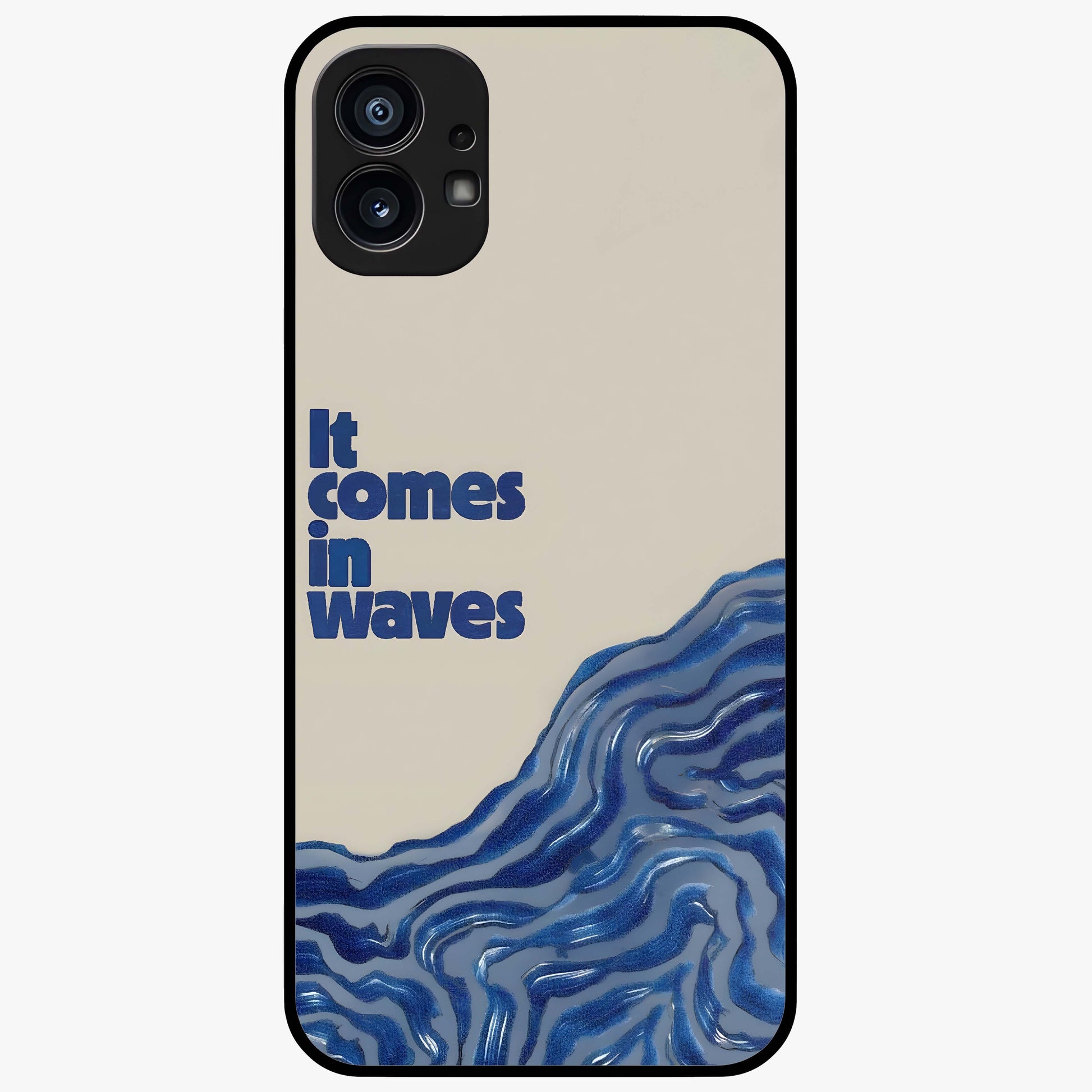 It Comes In Waves Quote Glass Case showing flat back view with inspirational wave themed quote artwork and glossy glass finish.