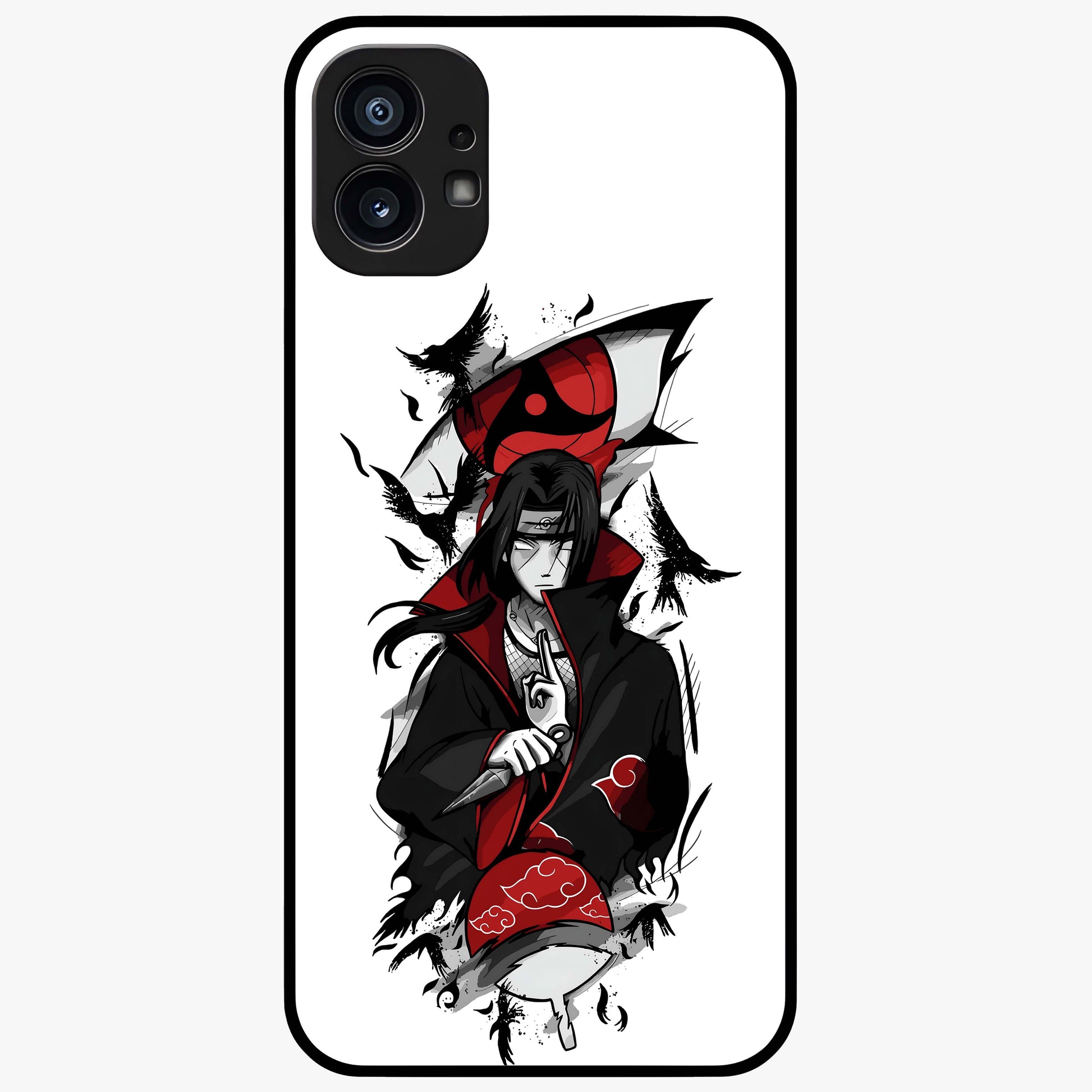 Itachi Sharingan Glass Case showing flat back view with powerful anime eye artwork and glossy glass finish.