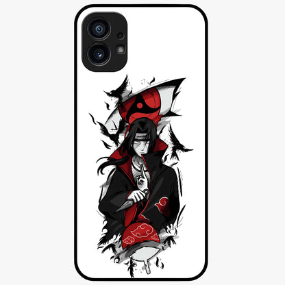 Itachi Sharingan Glass Case showing flat back view with powerful anime eye artwork and glossy glass finish.