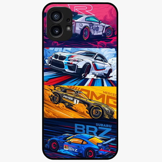 JDM Sports Car Glass Case showing flat back view with high performance sports car artwork and glossy glass finish.
