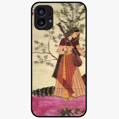 Lady With Veena Art Glass Case showing flat back view with elegant woman playing veena artwork and glossy glass finish.