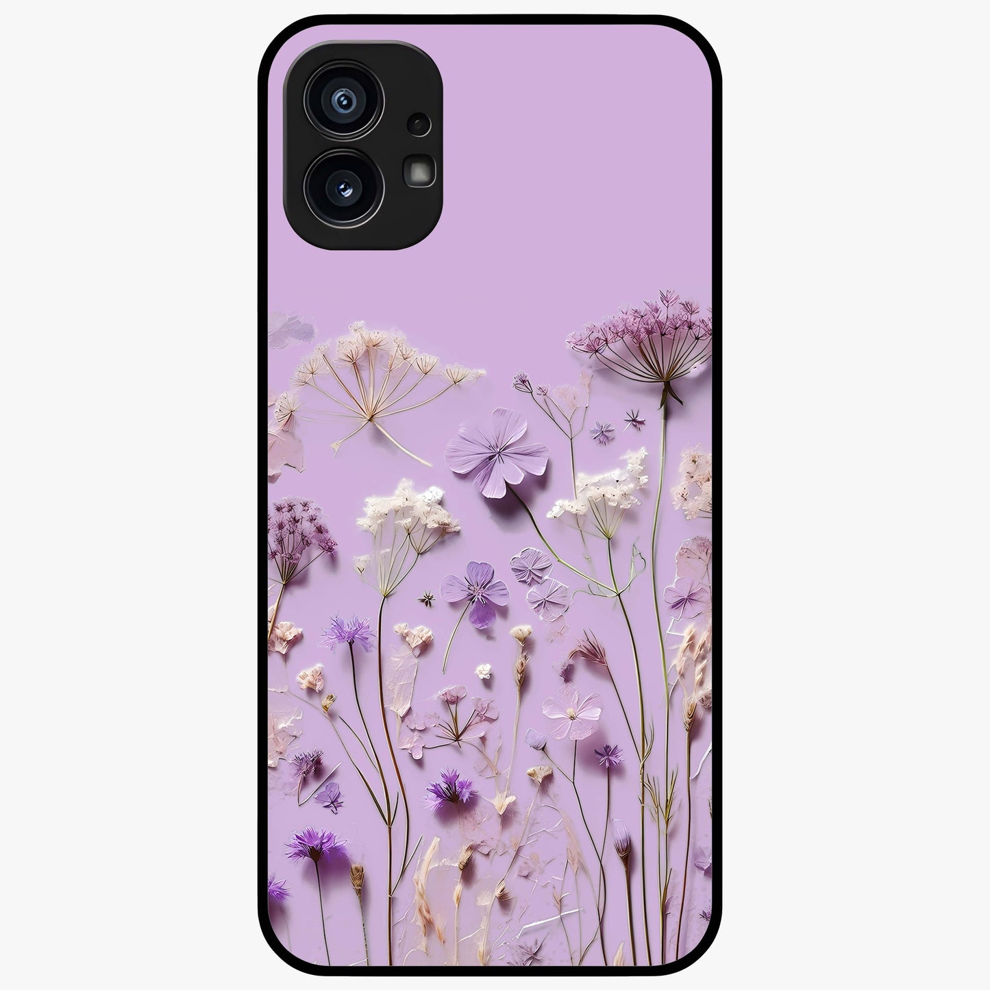 Lavender Blossom Dream Glass Case showing flat back view with soft lavender floral artwork and glossy glass finish.