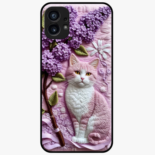 Lavender Cat Whimsy Glass Case showing flat back view with cute lavender cat artwork and glossy glass finish.